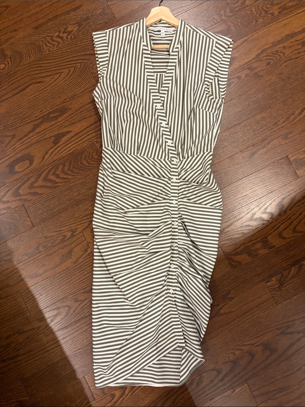 Veronica Beard Striped Wrap-Style Dress in Cream and Grey